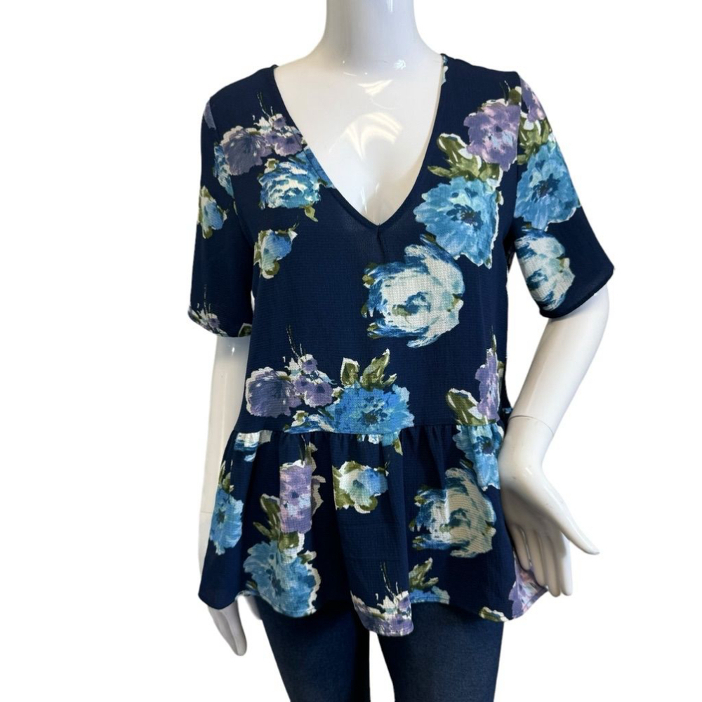 Women's Pink Owl Blouse, Size m, Blue Floral